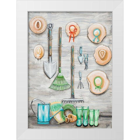 Garden Hats And Tools White Modern Wood Framed Art Print by Ritter, Gina