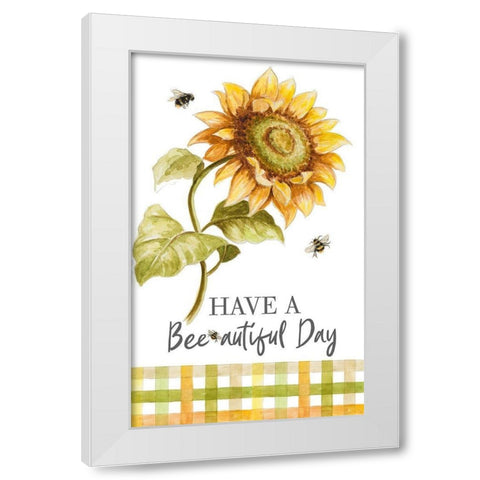 Harvest Sunflower Bee With Plaid White Modern Wood Framed Art Print by Pinto, Patricia