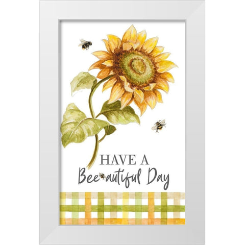Harvest Sunflower Bee With Plaid White Modern Wood Framed Art Print by Pinto, Patricia