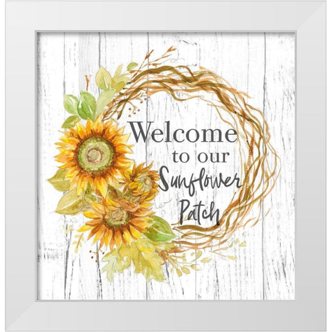 Welcome To Our Sunflower Patch White Modern Wood Framed Art Print by Pinto, Patricia