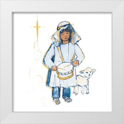 Drummer Boy And Lamb (blue and gold) White Modern Wood Framed Art Print by Maria, Robin