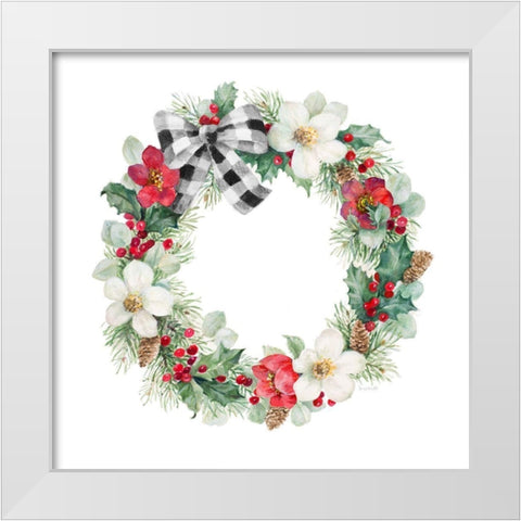 Christmas Red Rose Holly Pine Wreath White Modern Wood Framed Art Print by Loreth, Lanie