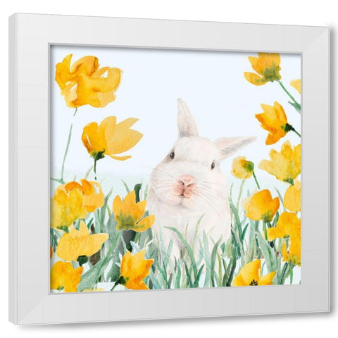 White Bunny Amongst Yellow Flowers White Modern Wood Framed Art Print by Loreth, Lanie