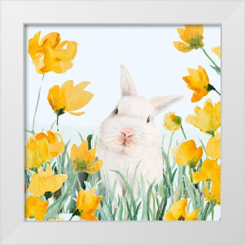 White Bunny Amongst Yellow Flowers White Modern Wood Framed Art Print by Loreth, Lanie