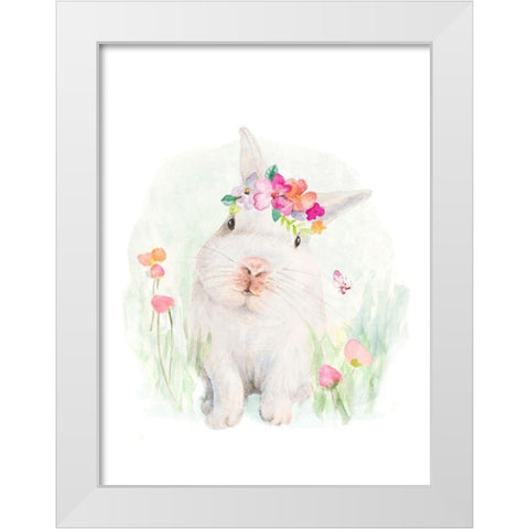White Bunny With Flower Bonnet White Modern Wood Framed Art Print by Loreth, Lanie