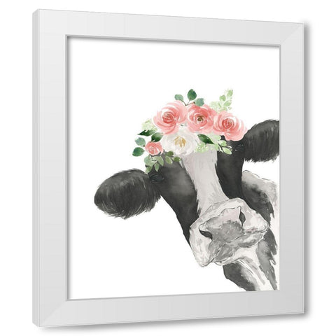 Hello Cow With Flower Crown White Modern Wood Framed Art Print by Price, Lucille