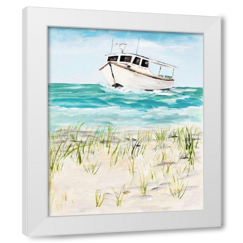 Boat By The Shore White Modern Wood Framed Art Print by DeRice, Julie