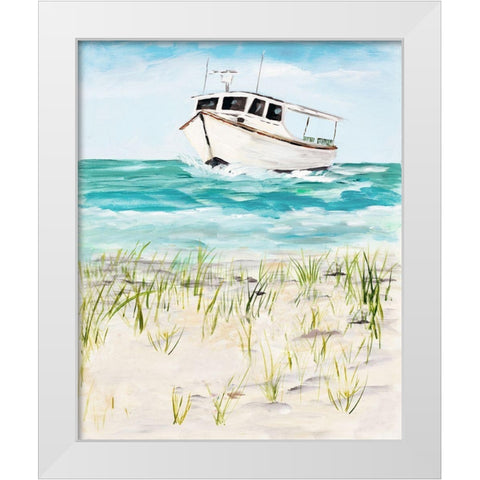 Boat By The Shore White Modern Wood Framed Art Print by DeRice, Julie