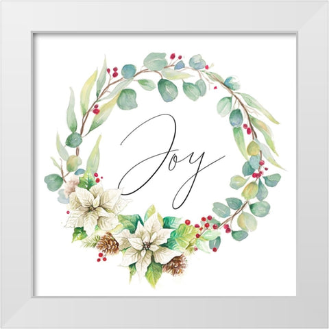 Joy Poinsettia and Eucalyptus Wreath White Modern Wood Framed Art Print by Pinto, Patricia