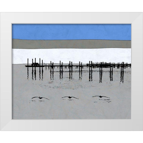 Pelican Beach White Modern Wood Framed Art Print by Tom, Ella