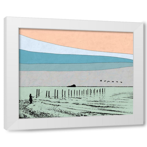 Beach Fishing White Modern Wood Framed Art Print by Tom, Ella