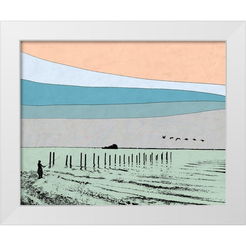Beach Fishing White Modern Wood Framed Art Print by Tom, Ella
