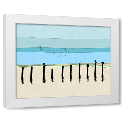 Pelican Horizon White Modern Wood Framed Art Print by Tom, Ella