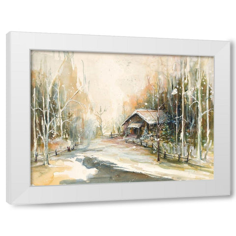 Cabin In Snowy Woods White Modern Wood Framed Art Print by Diannart
