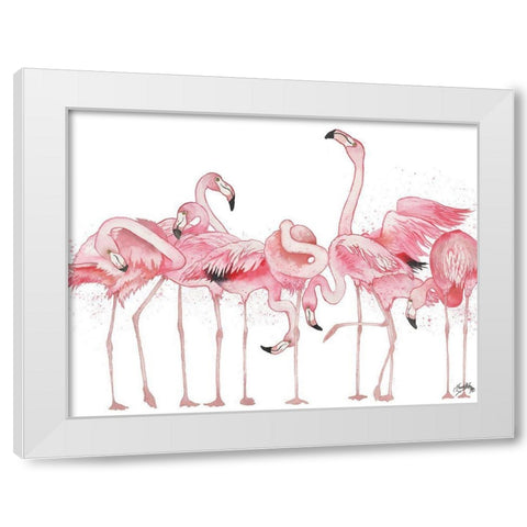 Flamingos Flaunting It White Modern Wood Framed Art Print by Medley, Elizabeth