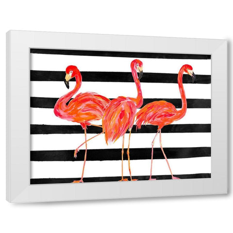 Fondly Flamingo Trio on Stripe White Modern Wood Framed Art Print by DeRice, Julie