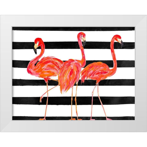 Fondly Flamingo Trio on Stripe White Modern Wood Framed Art Print by DeRice, Julie