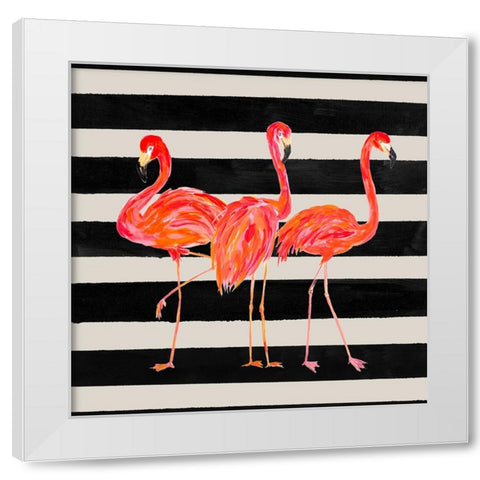Fondly Flamingo Trio Square on Stripe White Modern Wood Framed Art Print by DeRice, Julie