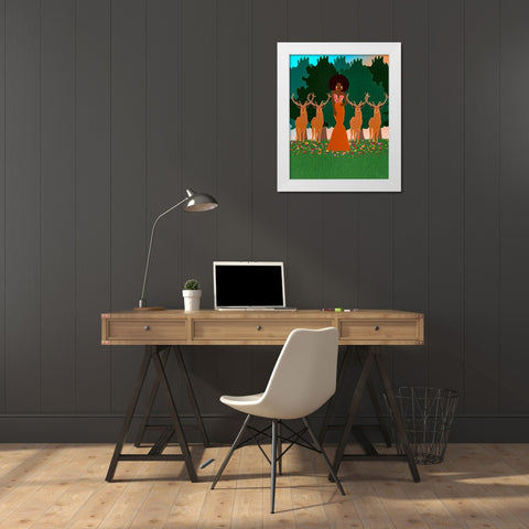 Lena and the Deers White Modern Wood Framed Art Print by Lorintheory