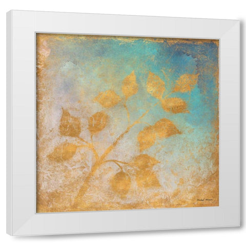 Gold Leaves on Blues I White Modern Wood Framed Art Print by Marcon, Michael