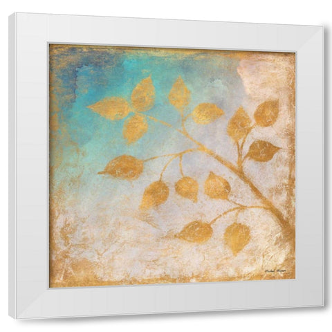 Gold Leaves on Blues II White Modern Wood Framed Art Print by Marcon, Michael