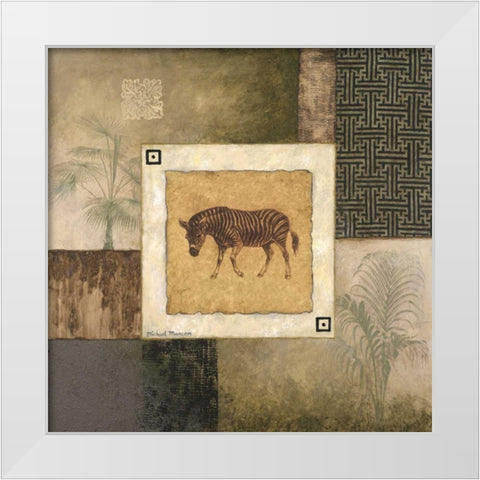 Zebra Woodcut White Modern Wood Framed Art Print by Marcon, Michael