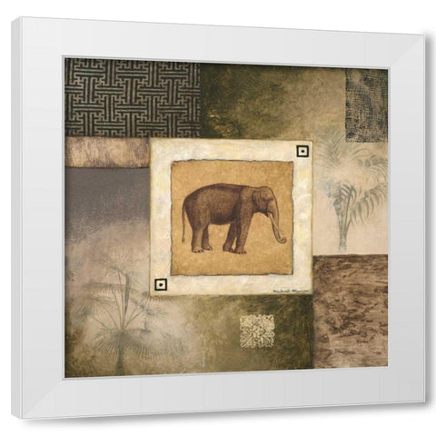 Elephant Woodcut White Modern Wood Framed Art Print by Marcon, Michael