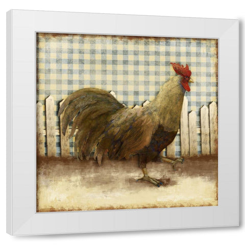 Rooster on Damask I White Modern Wood Framed Art Print by Meneely, Dan