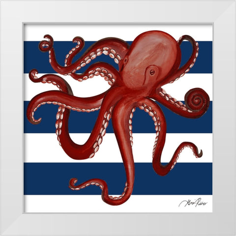 Red Octopus on Navy Stripes White Modern Wood Framed Art Print by Ritter, Gina