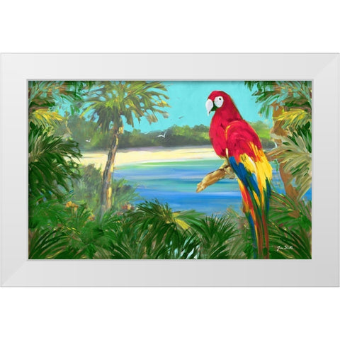 Parrot By The Ocean White Modern Wood Framed Art Print by Slivka, Jane
