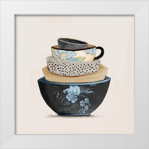A Stack Of Blue Bowls White Modern Wood Framed Art Print by Pinto, Patricia