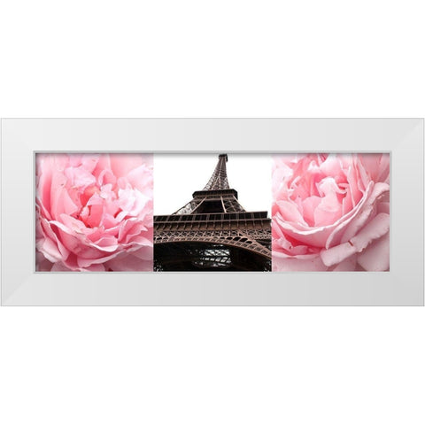 Pink Roses Eiffel Tower White Modern Wood Framed Art Print by Navas, Emily