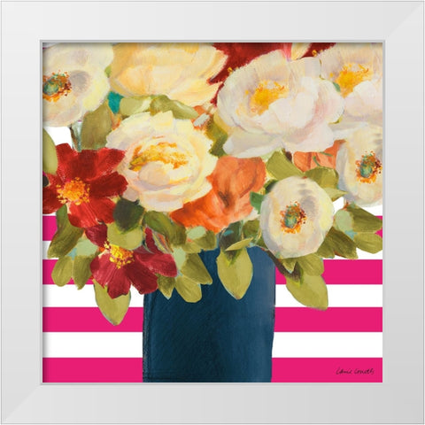 Flowers on Pink Stripes I White Modern Wood Framed Art Print by Loreth, Lanie