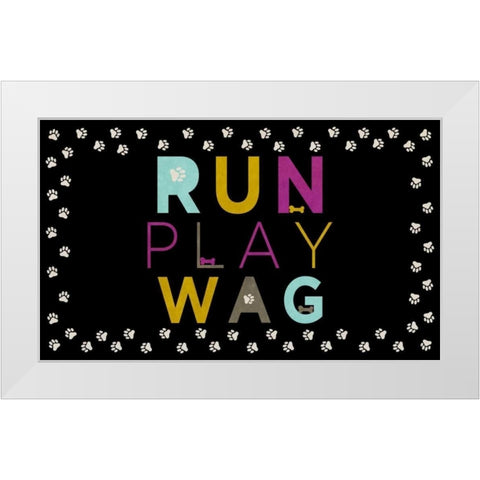 Run, Play, Wag White Modern Wood Framed Art Print by SD Graphics Studio