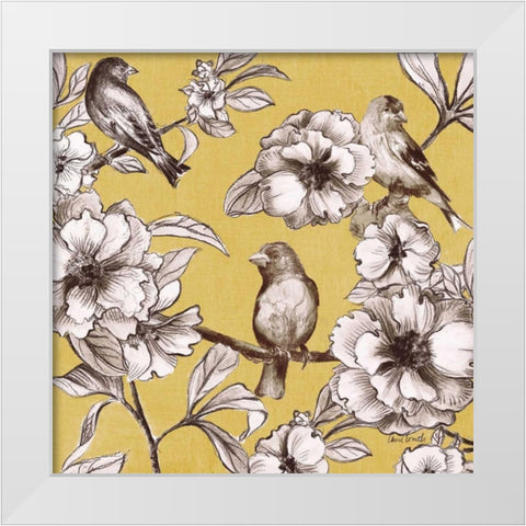 Peonies and Birds on Yellow I White Modern Wood Framed Art Print by Loreth, Lanie