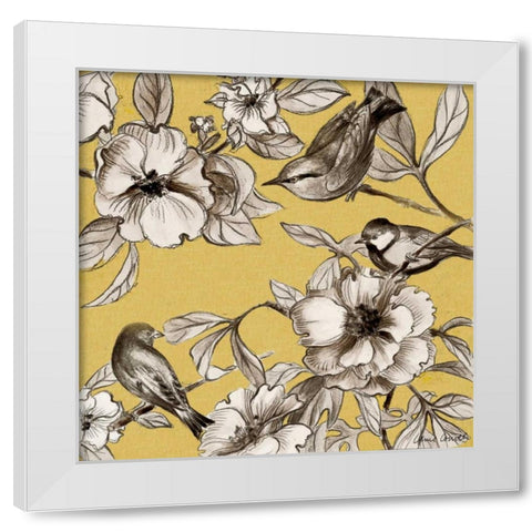 Peonies and Birds On Yellow II White Modern Wood Framed Art Print by Loreth, Lanie