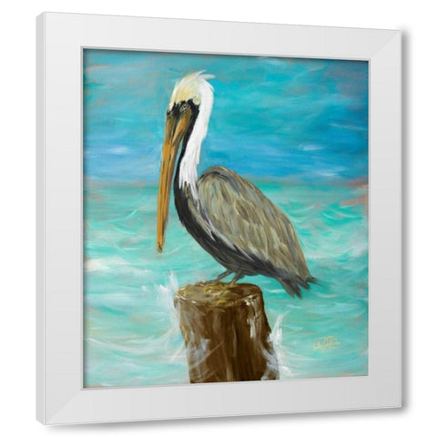 Single Pelican on Post White Modern Wood Framed Art Print by DeRice, Julie