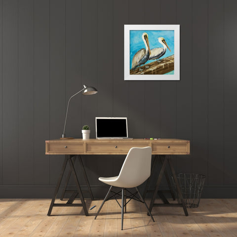Pelicans on Post II White Modern Wood Framed Art Print by DeRice, Julie