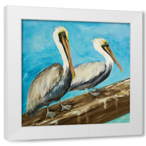 Pelicans on Post II White Modern Wood Framed Art Print by DeRice, Julie