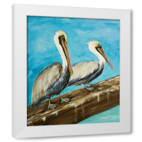 Two Pelicans on Dock Rail White Modern Wood Framed Art Print by DeRice, Julie