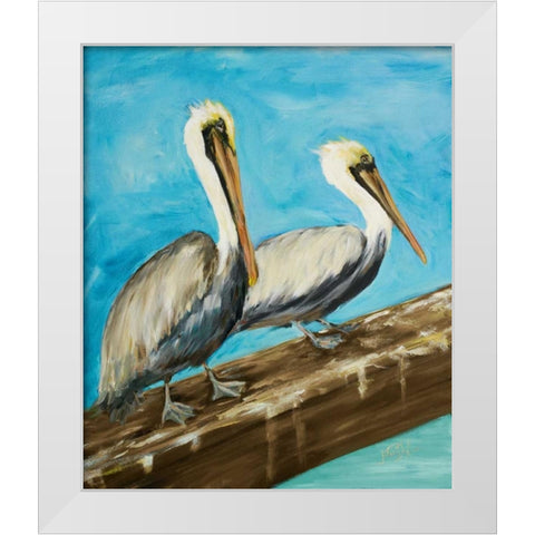 Two Pelicans on Dock Rail White Modern Wood Framed Art Print by DeRice, Julie