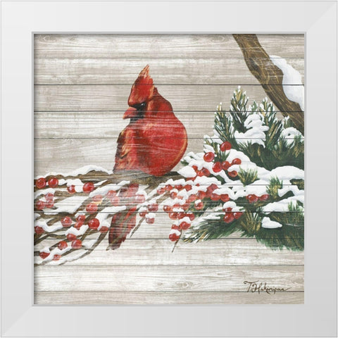 Winter Red Bird on Wood I White Modern Wood Framed Art Print by Hakimipour, Tiffany