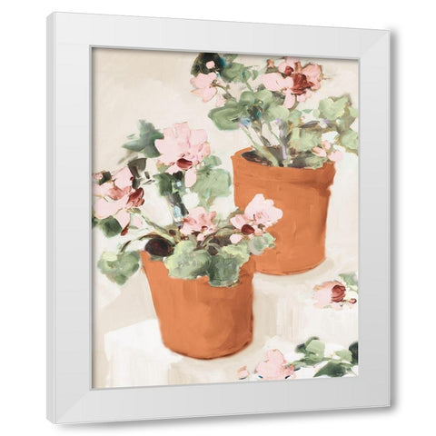 Potted Pink Geraniums White Modern Wood Framed Art Print by Slivka, Jane