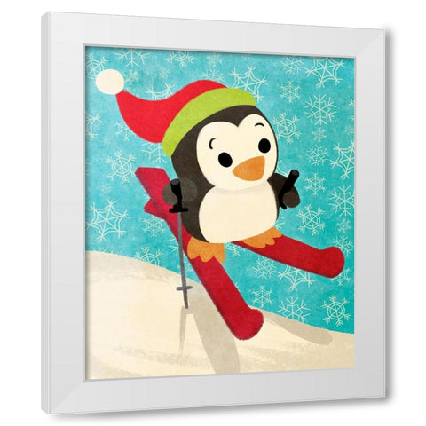 Skiing Penguin White Modern Wood Framed Art Print by Josefina