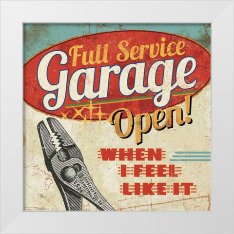Mancave I - Full Service Garage White Modern Wood Framed Art Print by Pela Studio