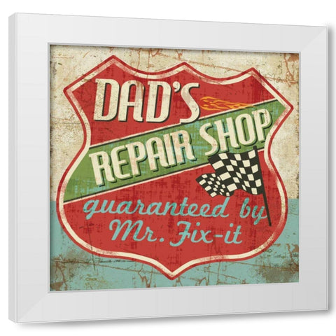 Mancace IV -  Dads Repair Shop White Modern Wood Framed Art Print by Pela Studio
