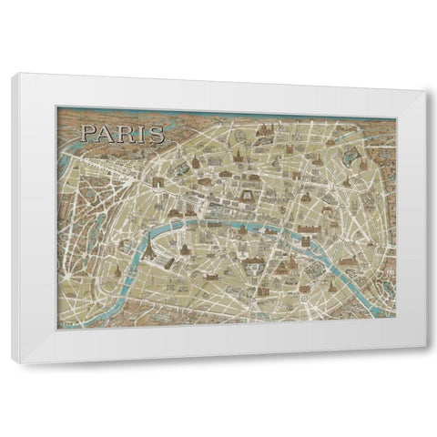 Monuments of Paris Map Blue White Modern Wood Framed Art Print by Wild Apple Portfolio