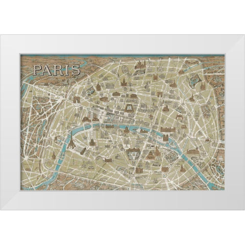 Monuments of Paris Map Blue White Modern Wood Framed Art Print by Wild Apple Portfolio