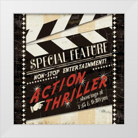 Action Thriller White Modern Wood Framed Art Print by Pela Studio