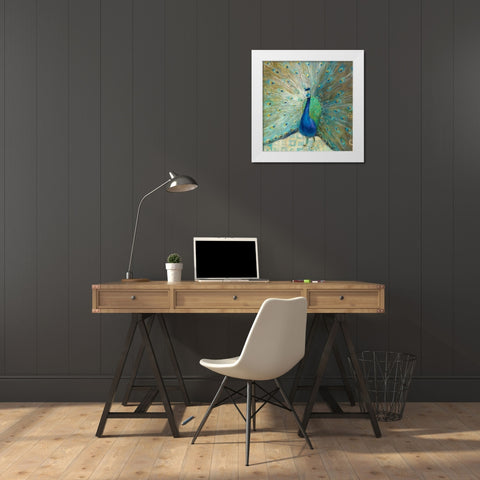 Blue Peacock on Gold White Modern Wood Framed Art Print by Nai, Danhui